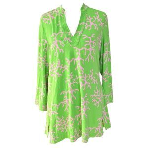Lilly Pulitzer Joy Green & Pink Colorful Printed Pullover Tunic Top. Medium.